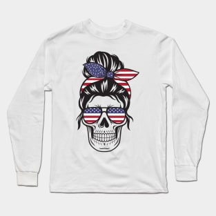 Fourth of July Mom Bun Skull glasses bandana Long Sleeve T-Shirt